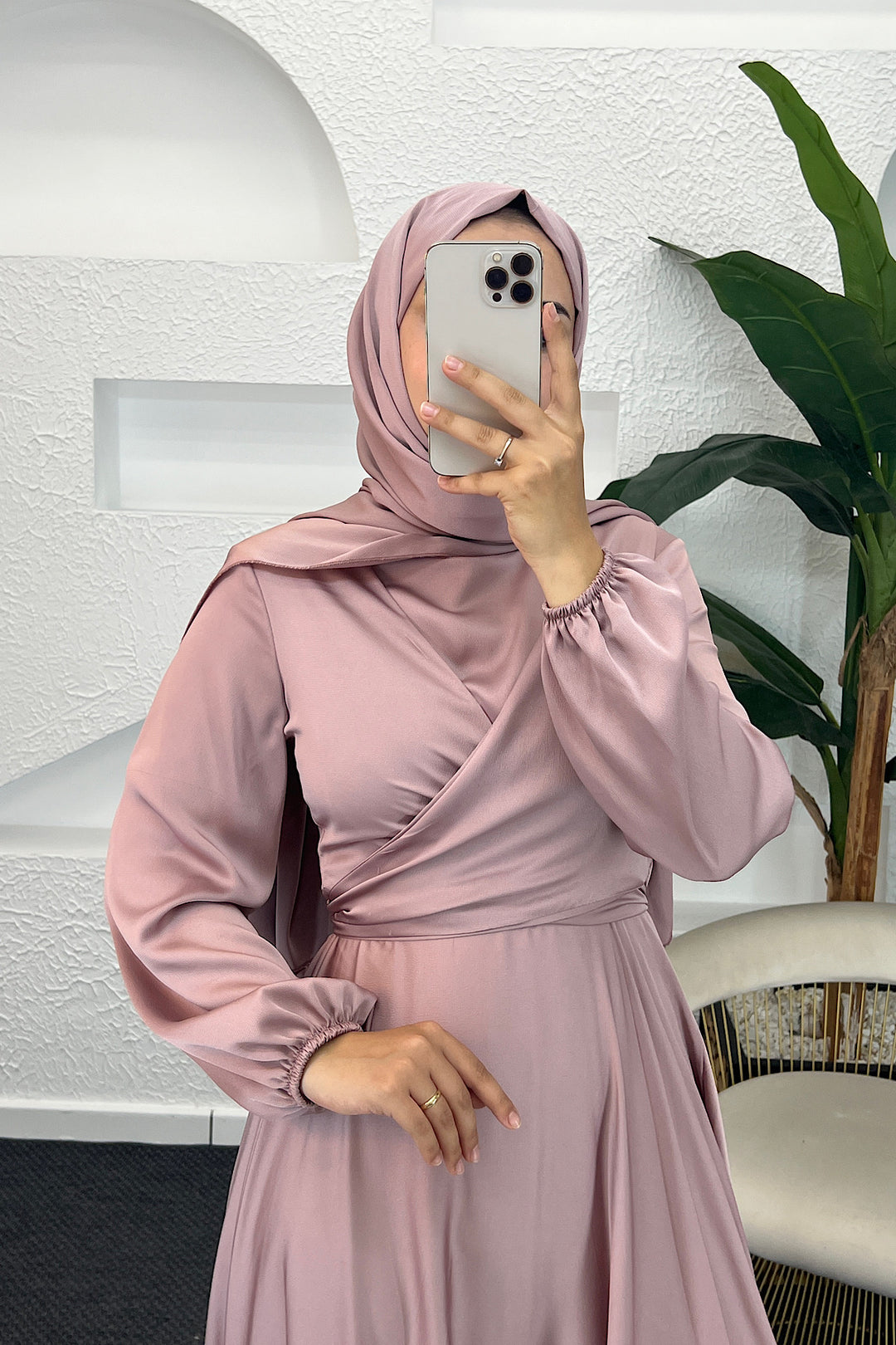 Önü Çarpraz Saten Abiye Pudra 4529-PUDRA