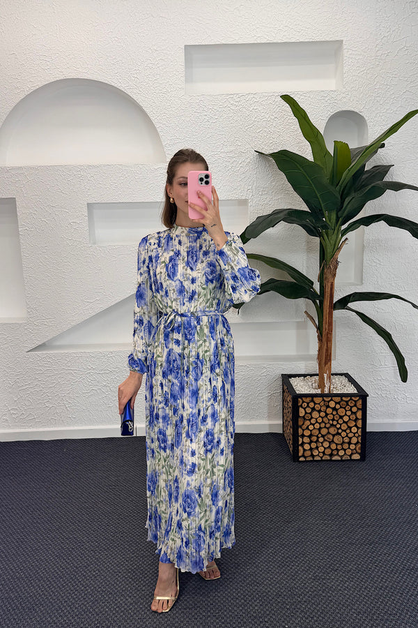 Liana Piliseli Elbise Mavi 3040-MAVI