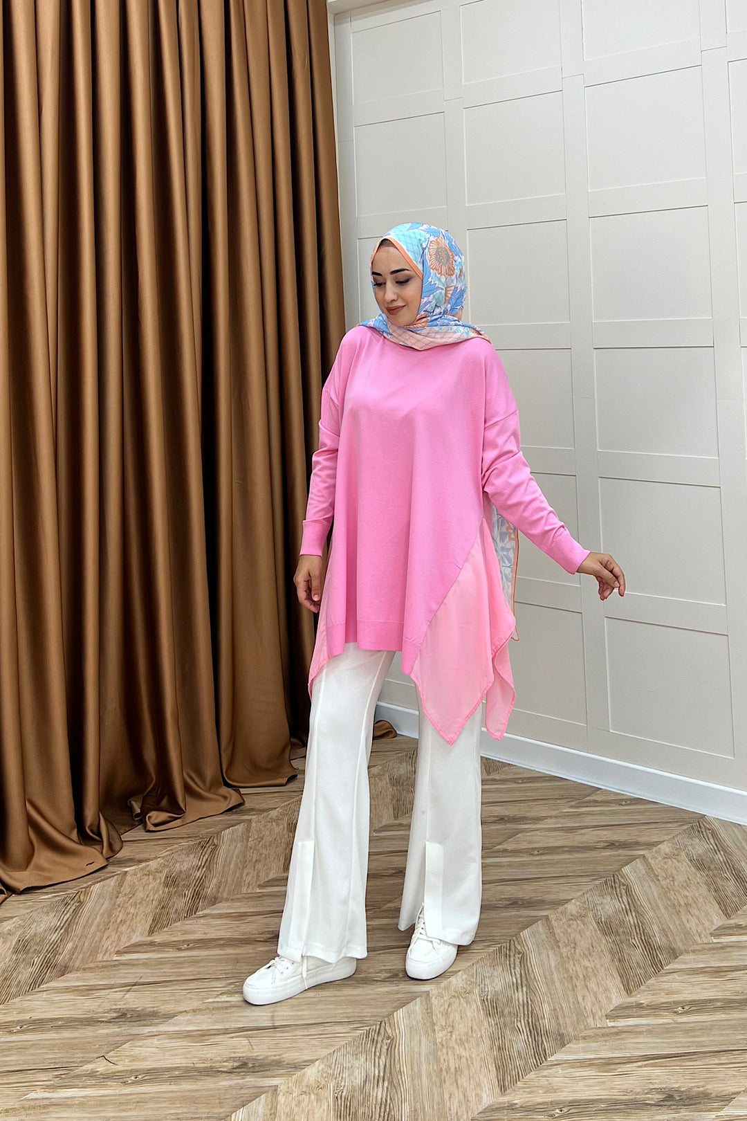 Hüda Şifon Detaylı Triko Tunik Pembe 24290-PEMBE