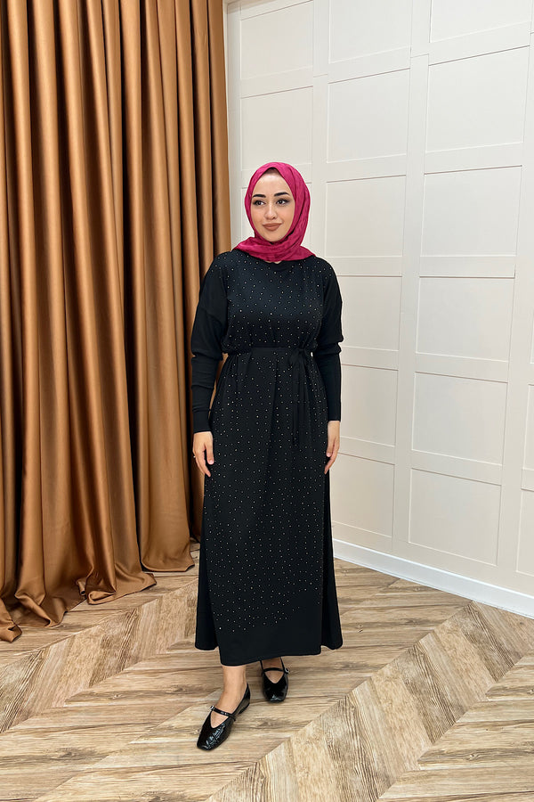 Mabel Taşlı Triko Elbise Siyah 25270-SIYAH