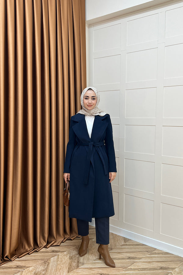 Premium Kuşaklı Kaşe Kaban Lacivert 5510-LACIVERT