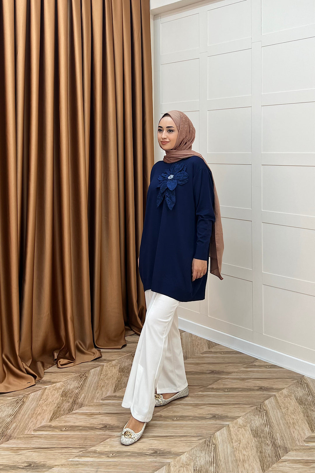 Merserize Çiçekli Triko Tunik Lacivert 2550-LACIVERT