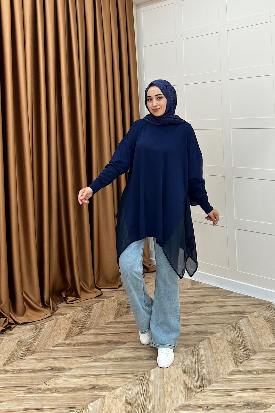 Hüda Şifon Detaylı Triko Tunik Lacivert 24290-LACIVERT