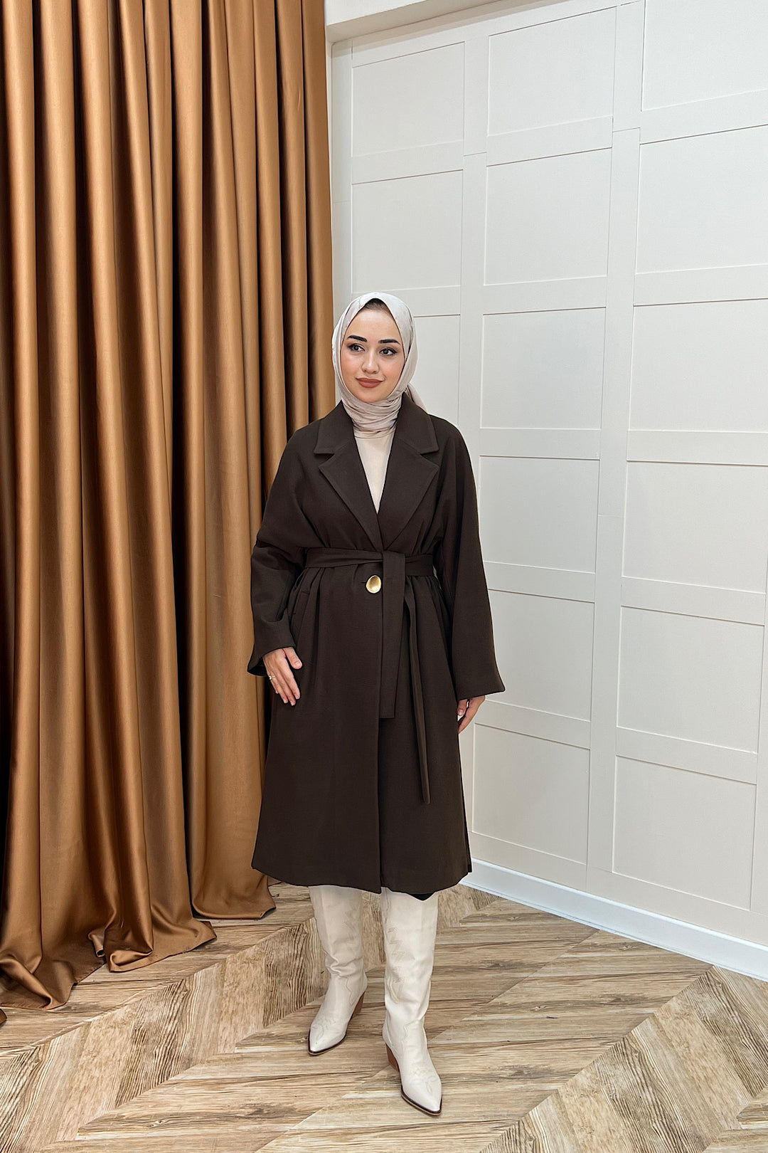 Yıldız Premium Kumaş Kuşaklı Kaban Kahverengi 5515-KAHVERENGI