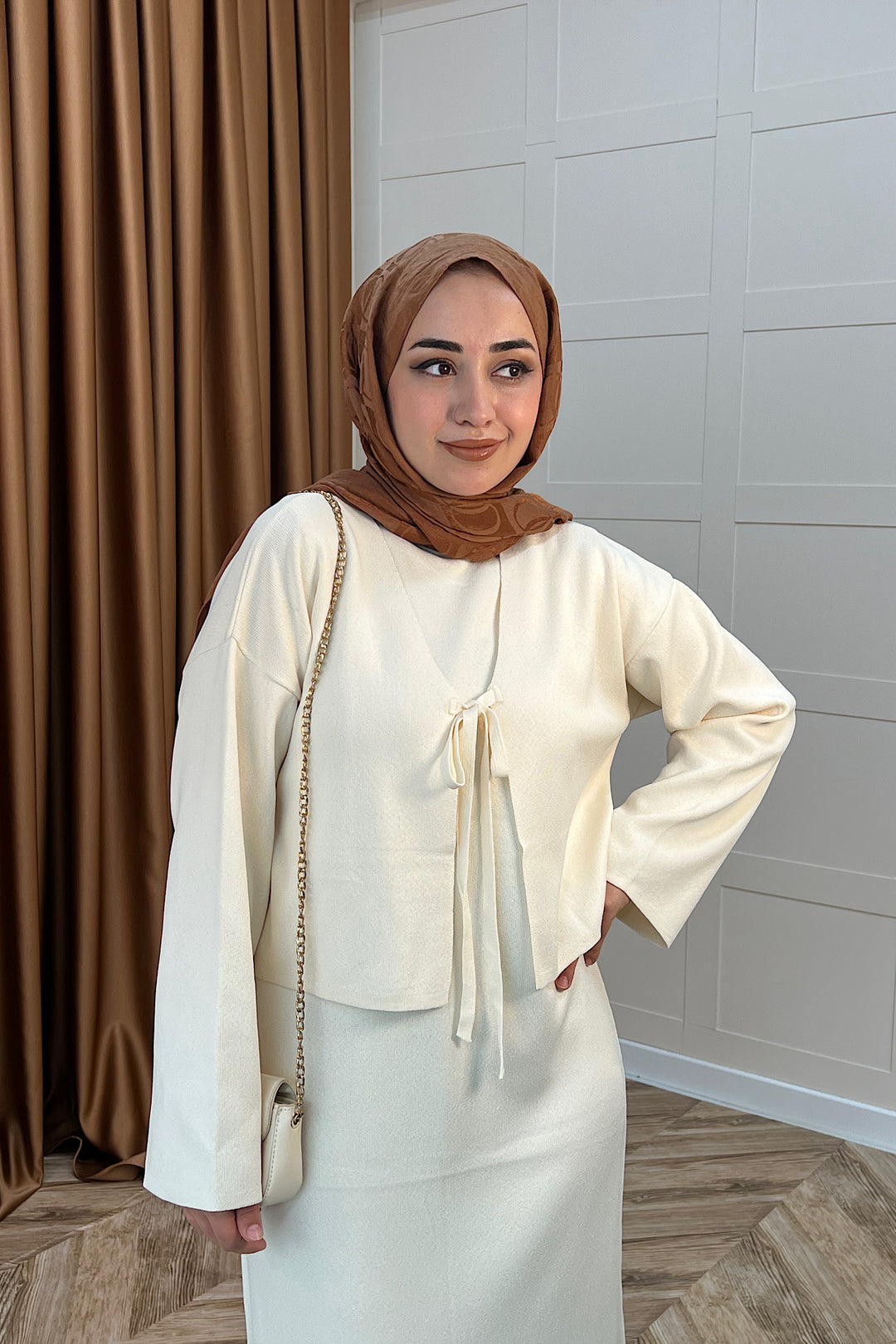 Ester Croplu İkili Triko Elbise Krem 25160-KREM