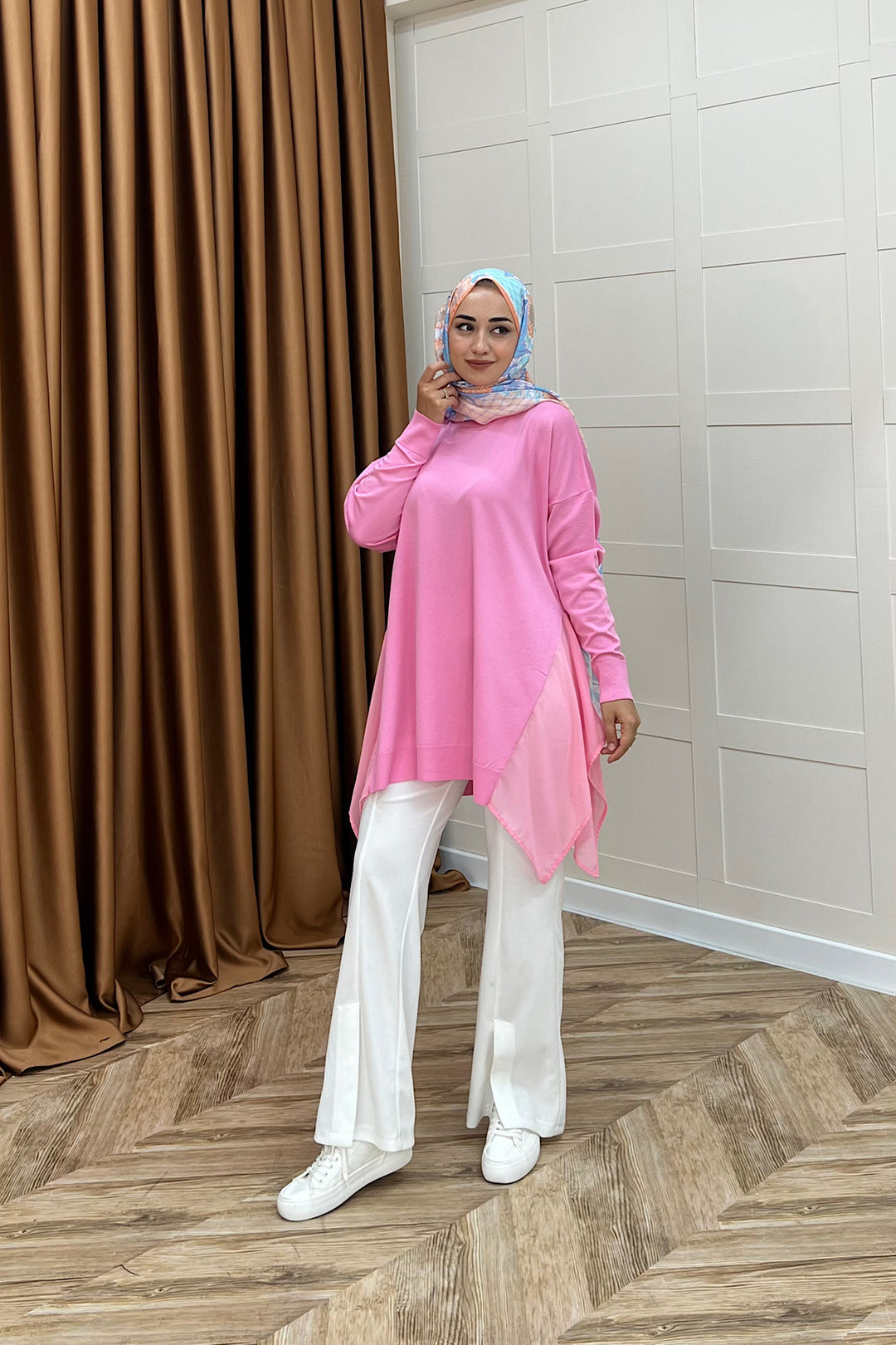Hüda Şifon Detaylı Triko Tunik Pembe 24290-PEMBE