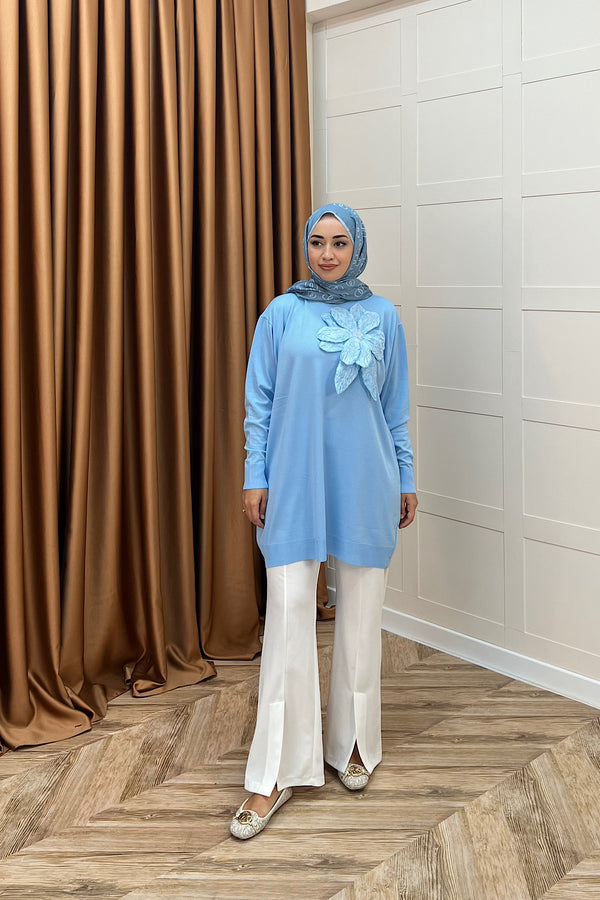 Merserize Çiçekli Triko Tunik Mavi 2550-MAVI