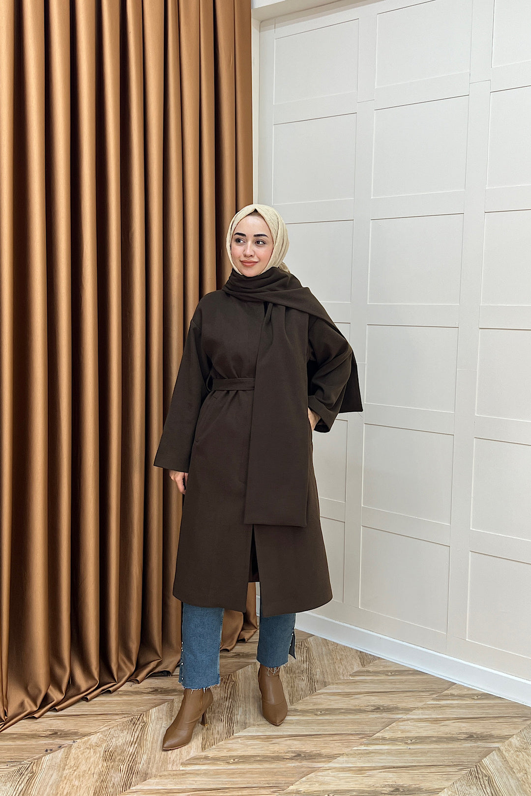 Siena Atkı Detay Kaşe Kaban Kahverengi 5530-KAHVERENGI