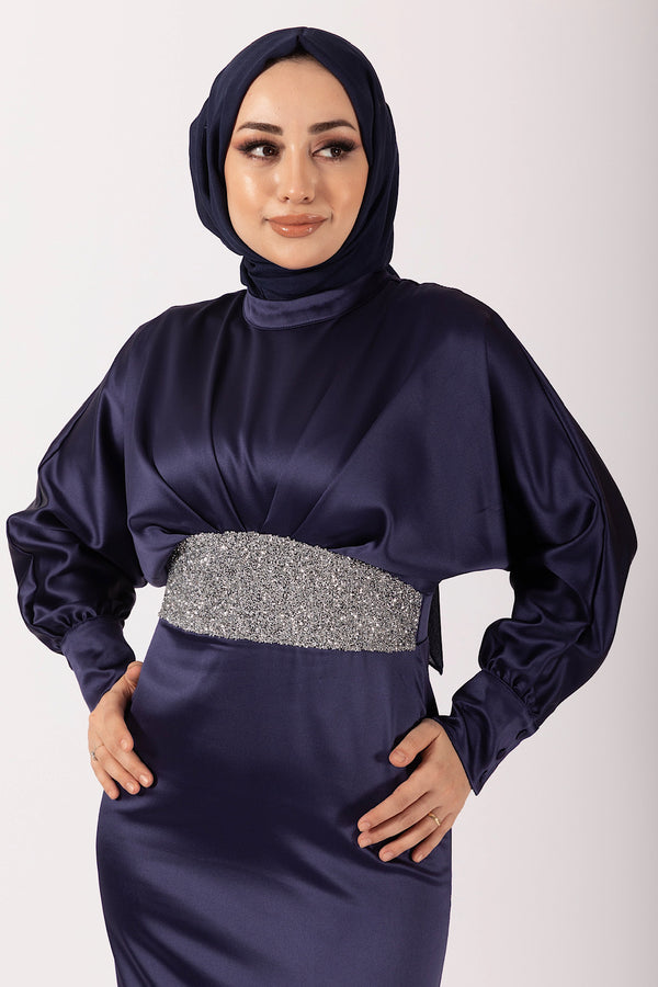 Beli Taş Detay Saten Abiye Lacivert 4862-LACIVERT