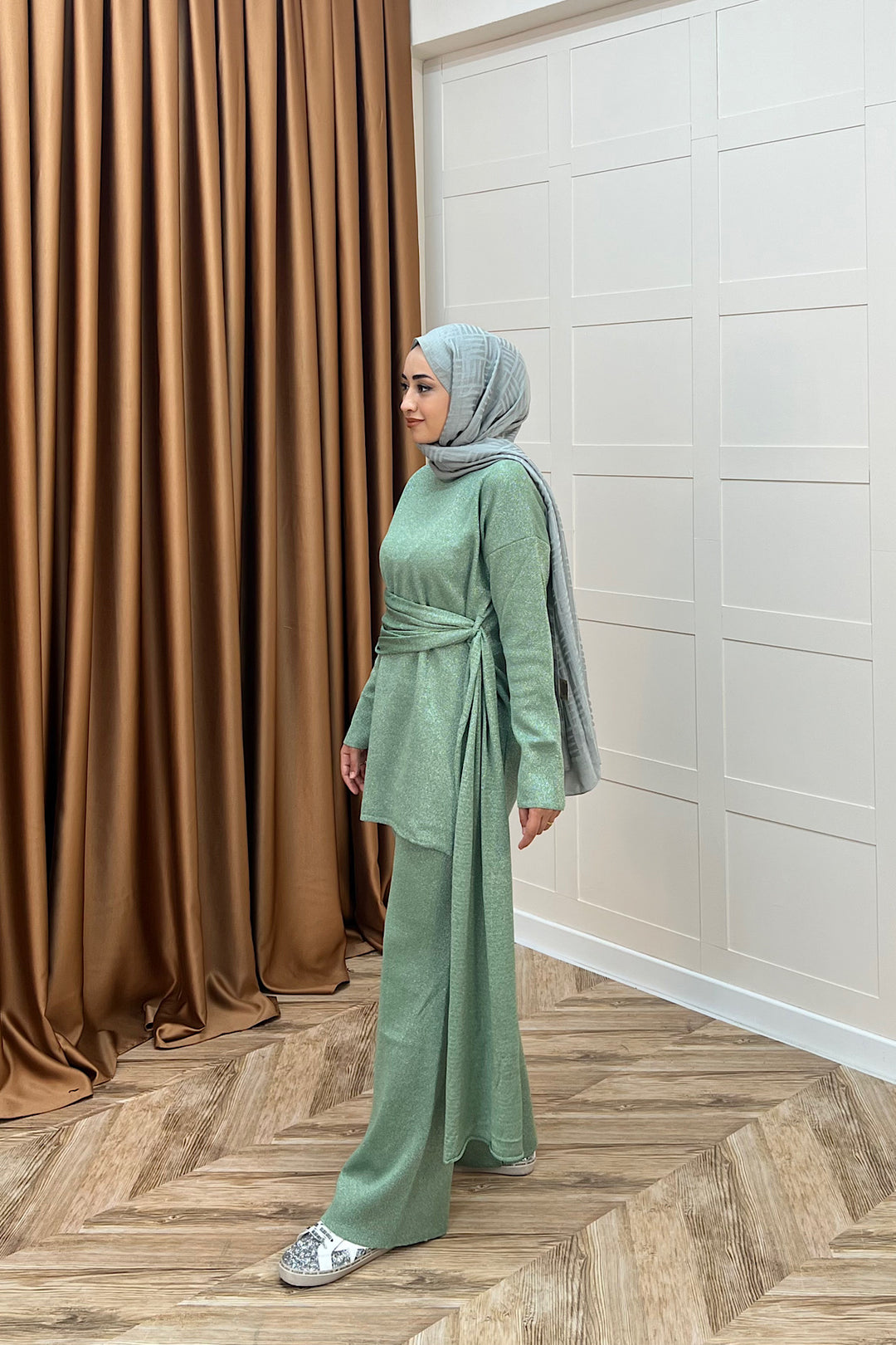 Yakamoz Şal Detay Simli Triko Takım Mint 25280-MINT