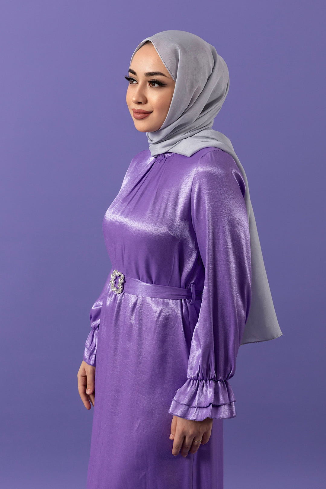 Taş Tokalı Saten Elbise Lila 3009-LILA