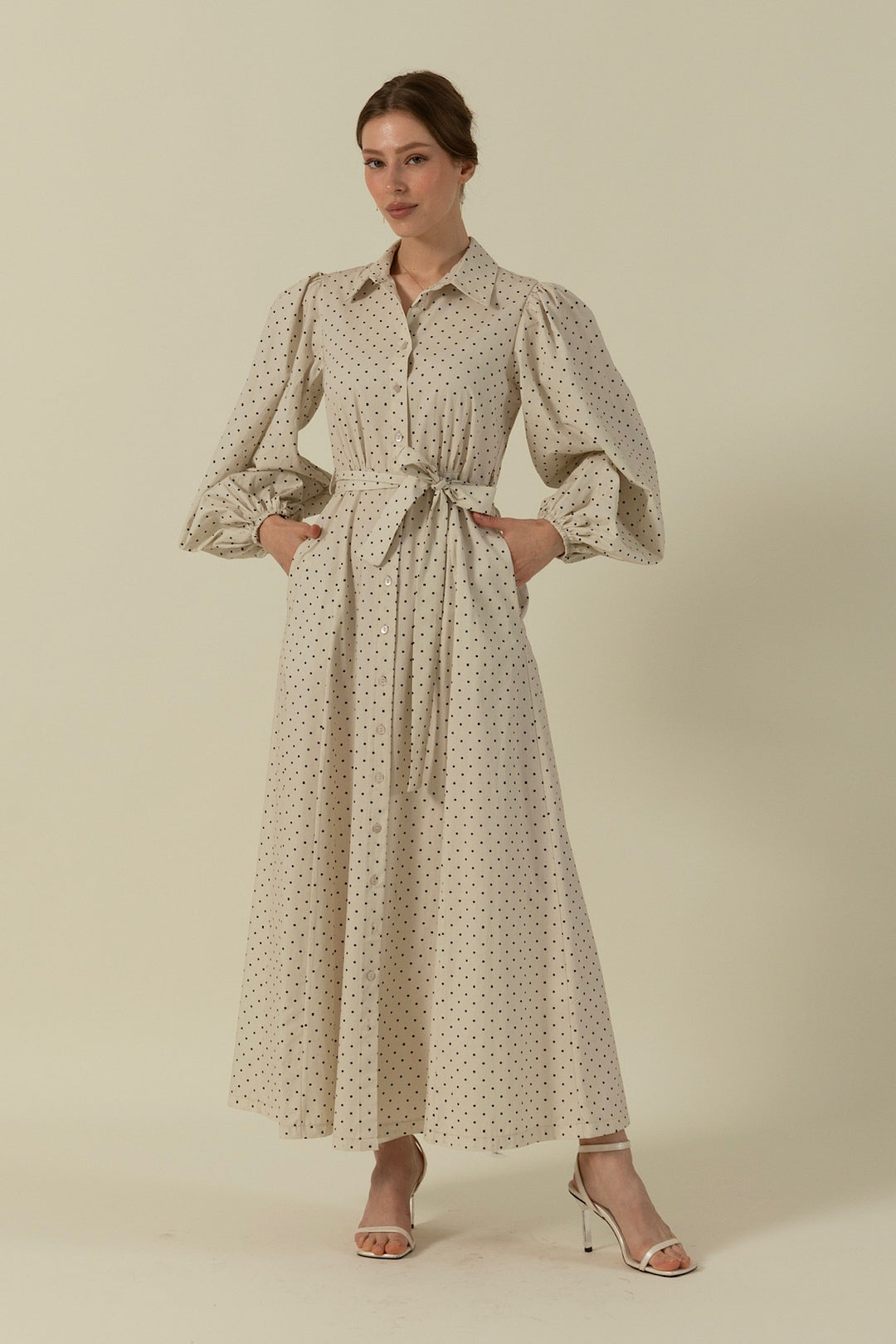 Boydan Düğmeli Puantiye Desen Elbise Taş 3041-TAS