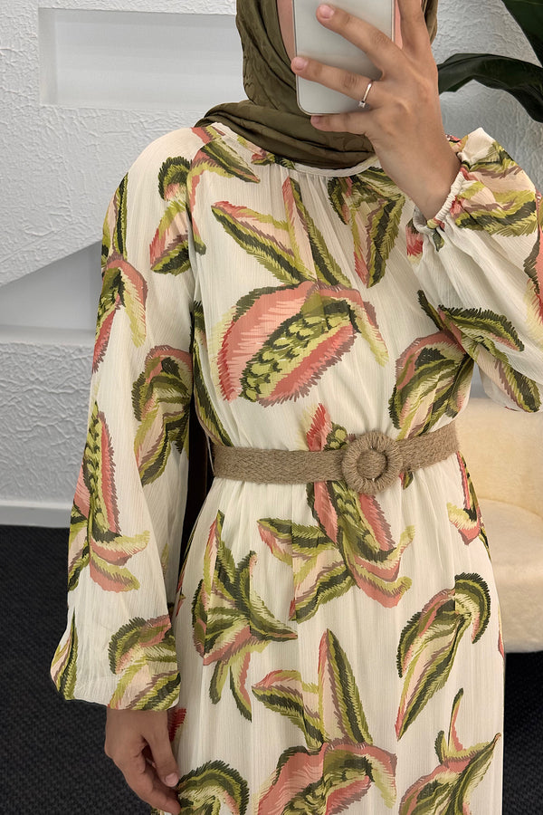 Nadya Hasır Kuşak Detay Elbise Yeşil 3032-YESIL