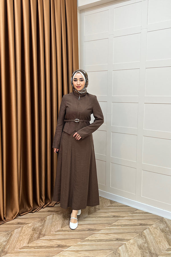Mira Kemerli Etek Takım Kahverengi 03183-KAHVERENGI