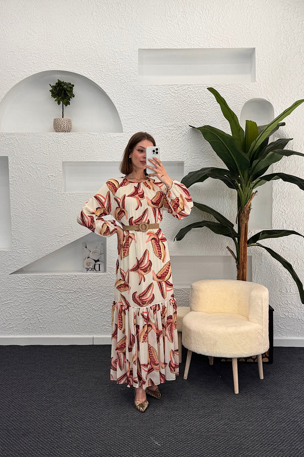 Nadya Hasır Kuşak Detay Elbise Bordo 3032-BORDO