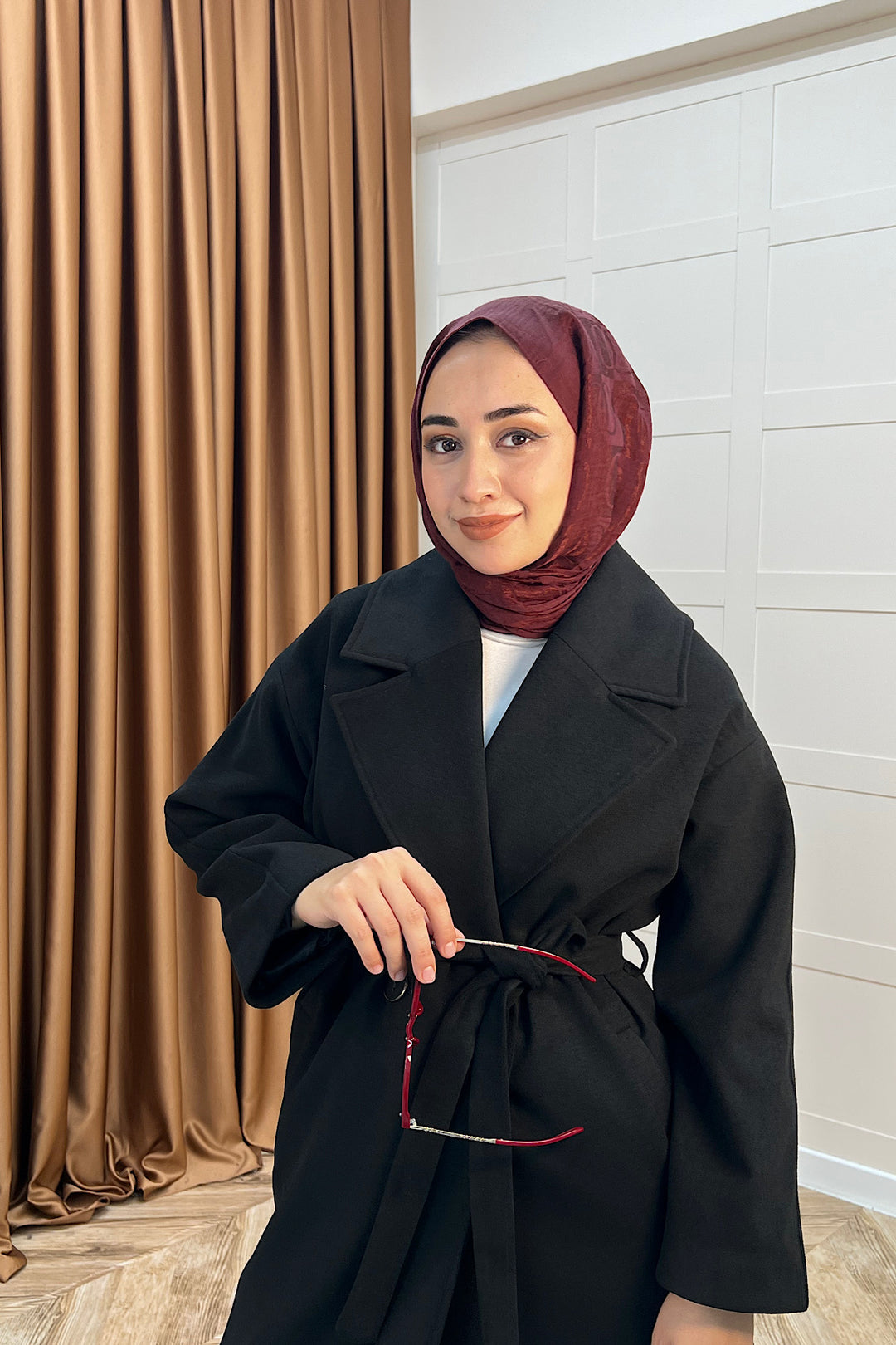 Retro Premium Kumaş Uzun Kaşe Kaban Siyah 5509-SIYAH