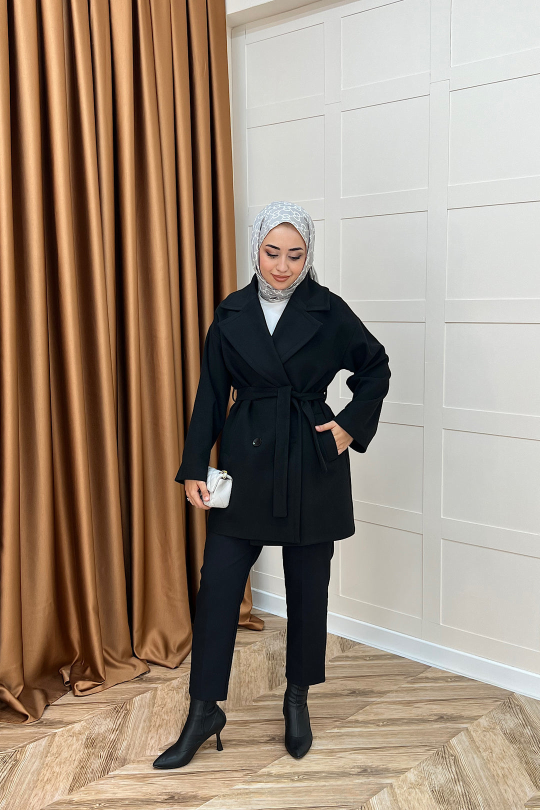 Nuve Premium Kuşaklı Kaban Siyah 5514-SIYAH