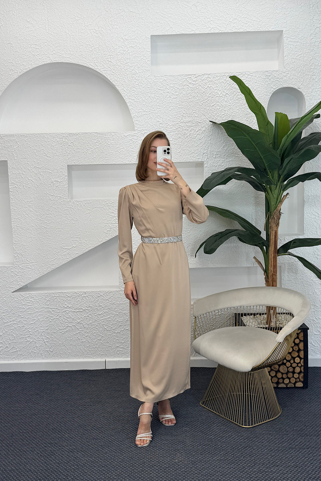 Taş Kemer Saten Abiye Vizon 04765-VIZON