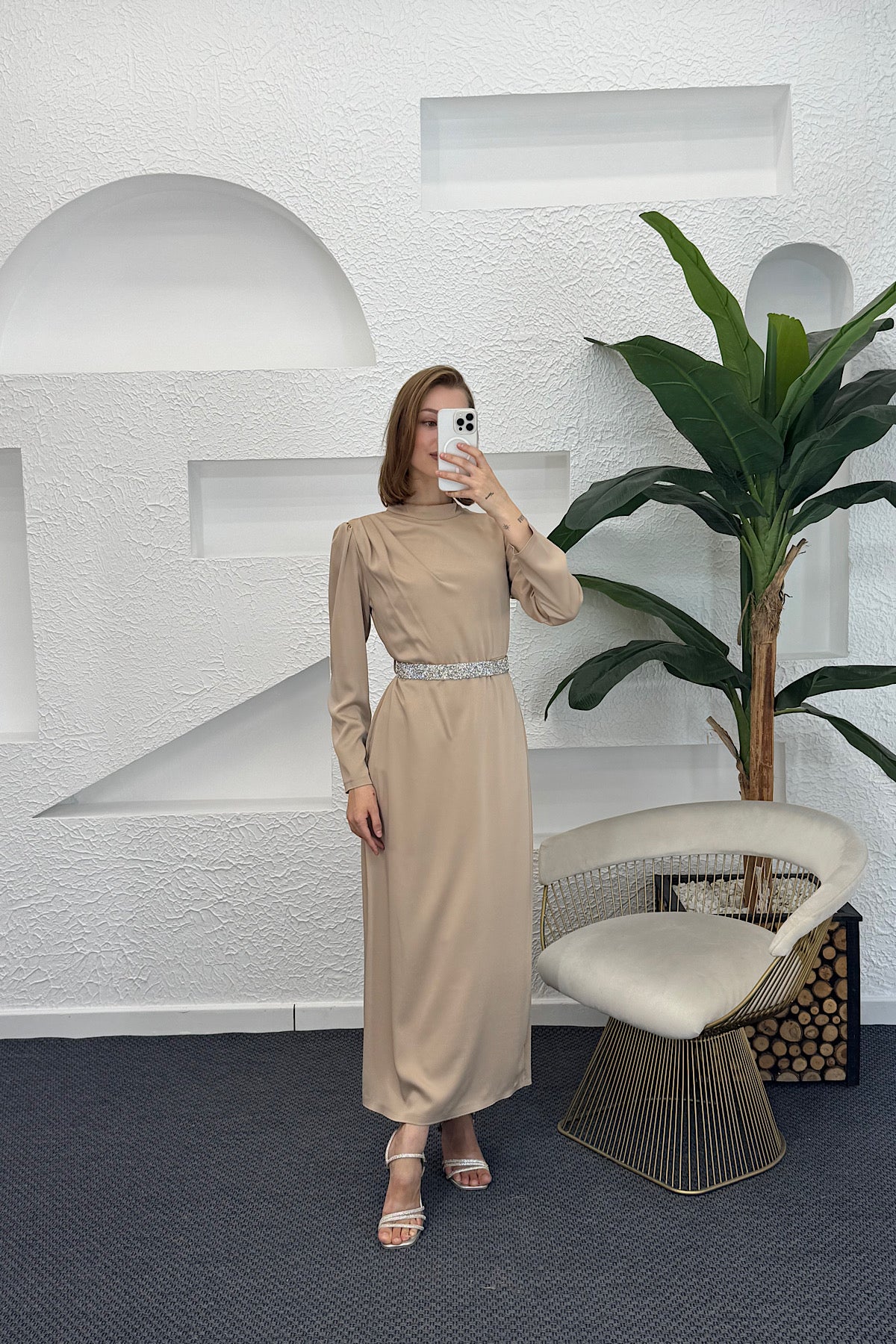 Taş Kemer Saten Abiye Vizon 04765-VIZON