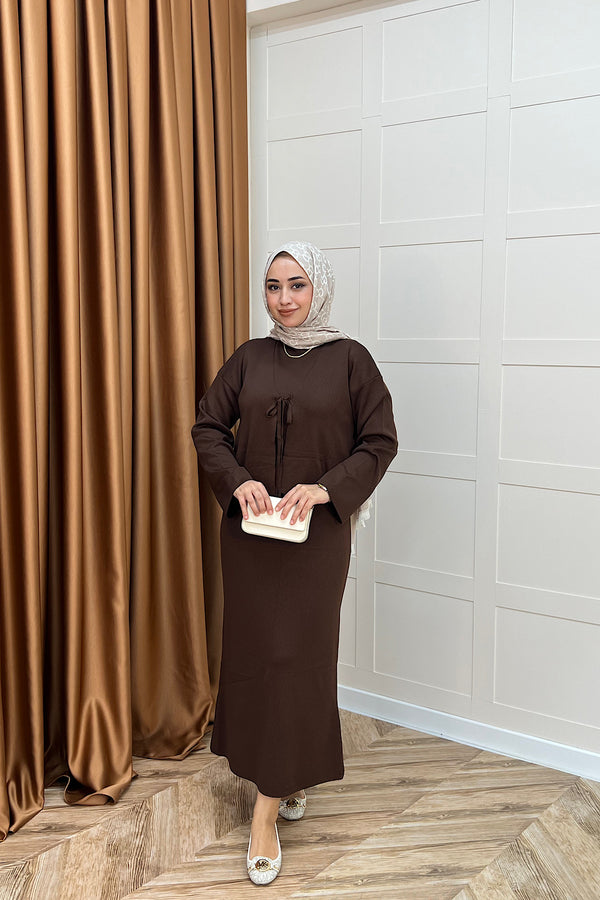 Ester Croplu İkili Triko Elbise Kahverengi 25160-KAHVERENGI