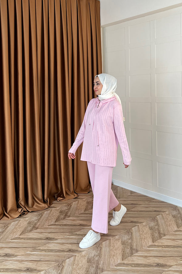 Eros Kapüşonlu Taşlı Triko Takım Pembe 25340-PEMBE