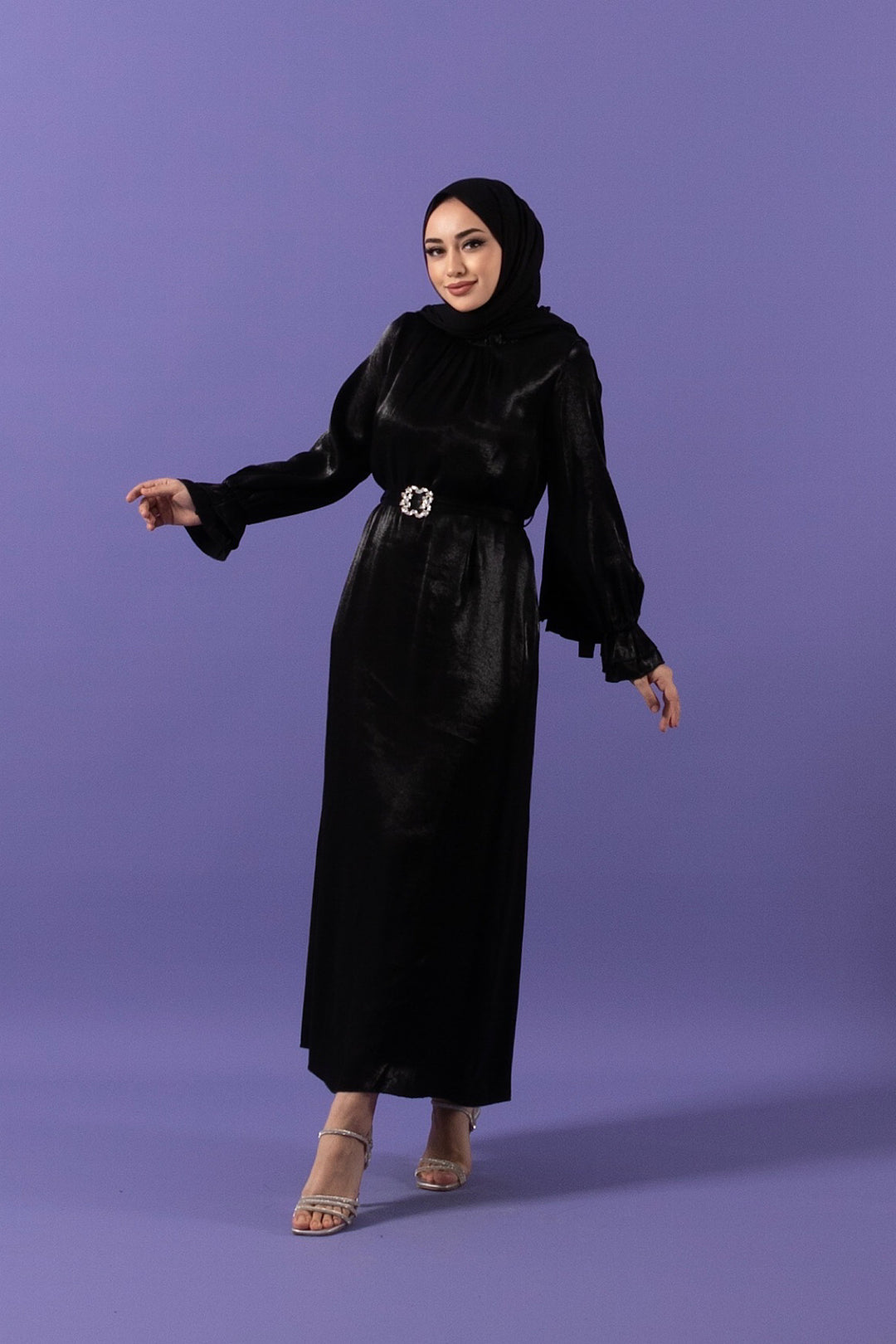 Taş Tokalı Saten Elbise Siyah 3009-SIYAH