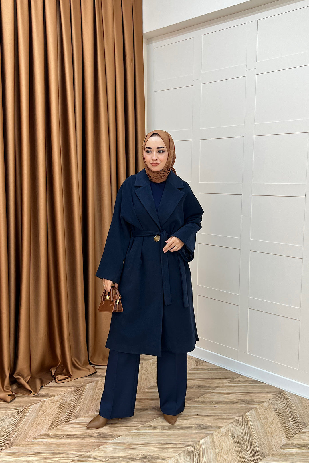 Yıldız Premium Kumaş Kuşaklı Kaban Lacivert 5515-LACIVERT