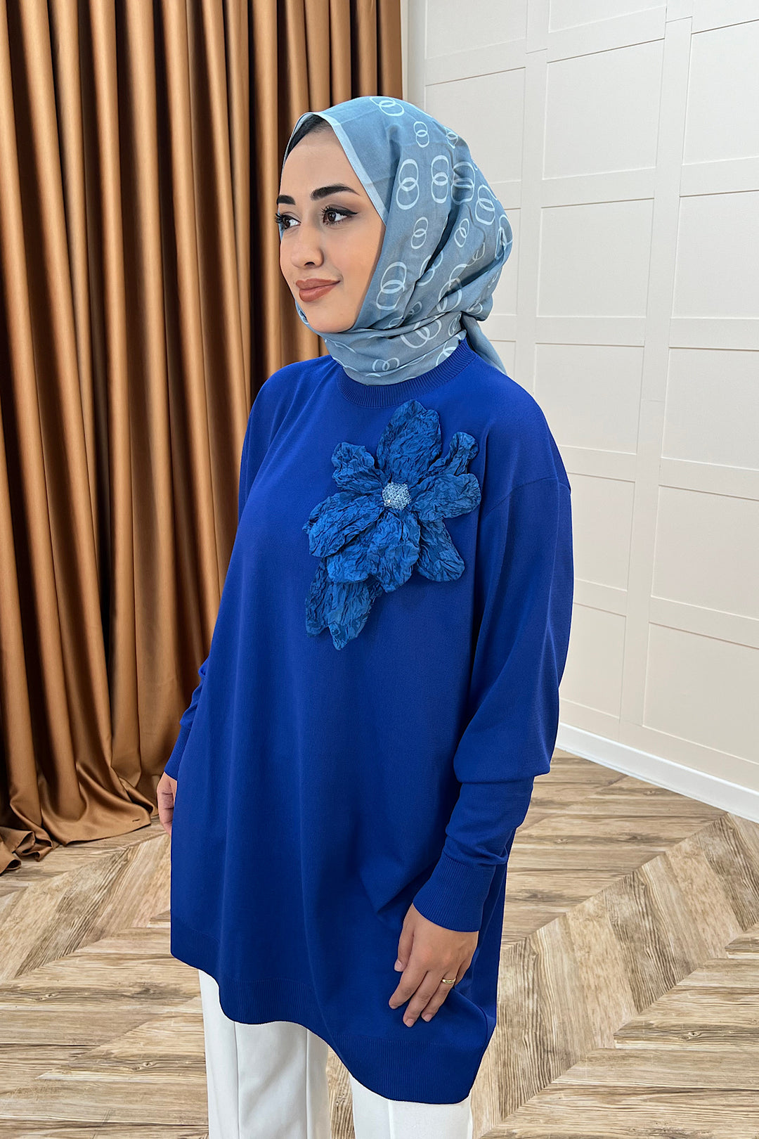 Merserize Çiçekli Triko Tunik Saks 2550-SAKS