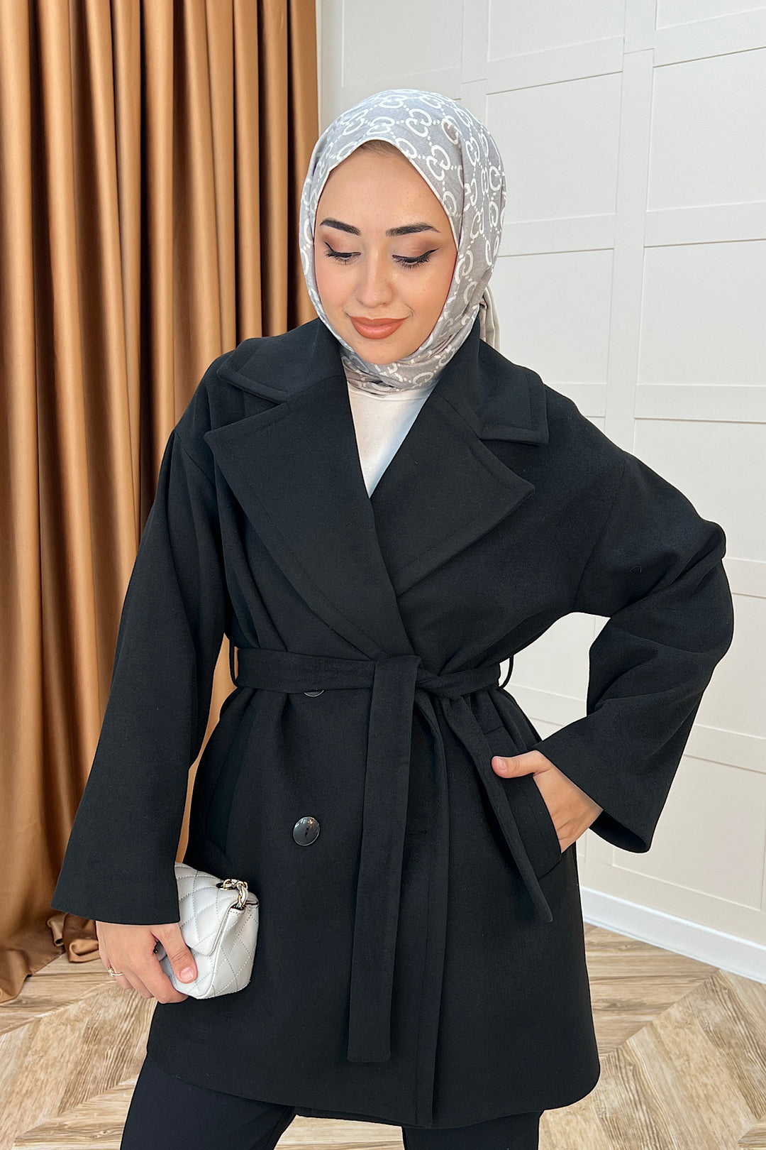 Nuve Premium Kuşaklı Kaban Siyah 5514-SIYAH