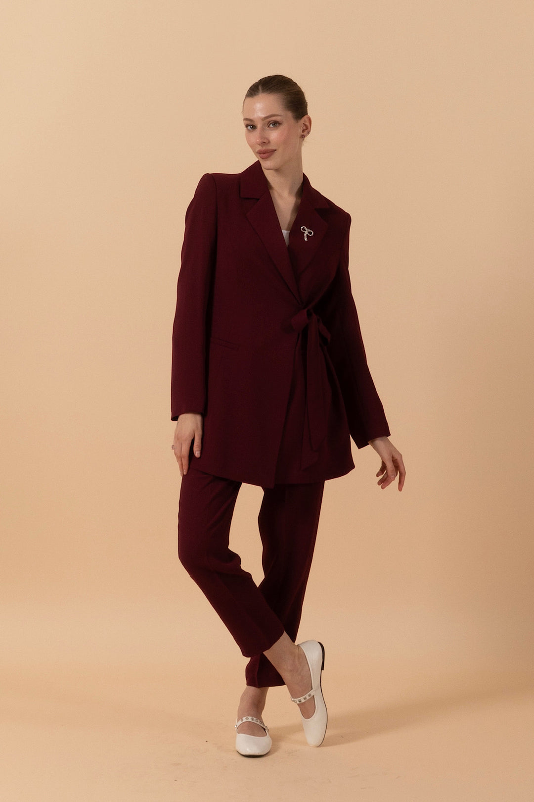Ceketi Yandan Bağlamalı Pantolon Takım Bordo 2016-BORDO