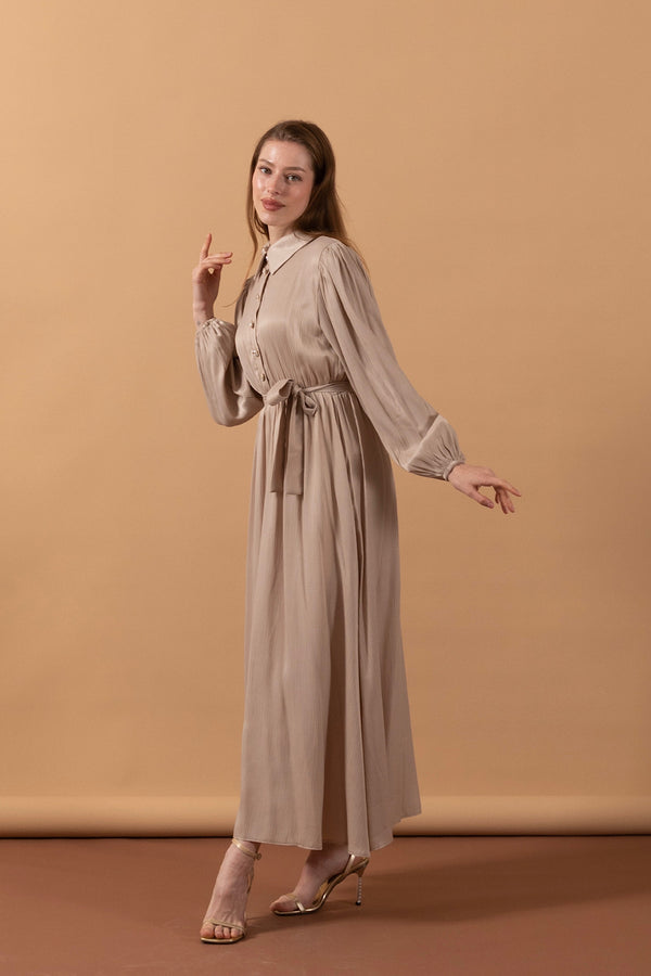 Belden Lastikli Yarım Düğme Elbise Taş 9591-TAS