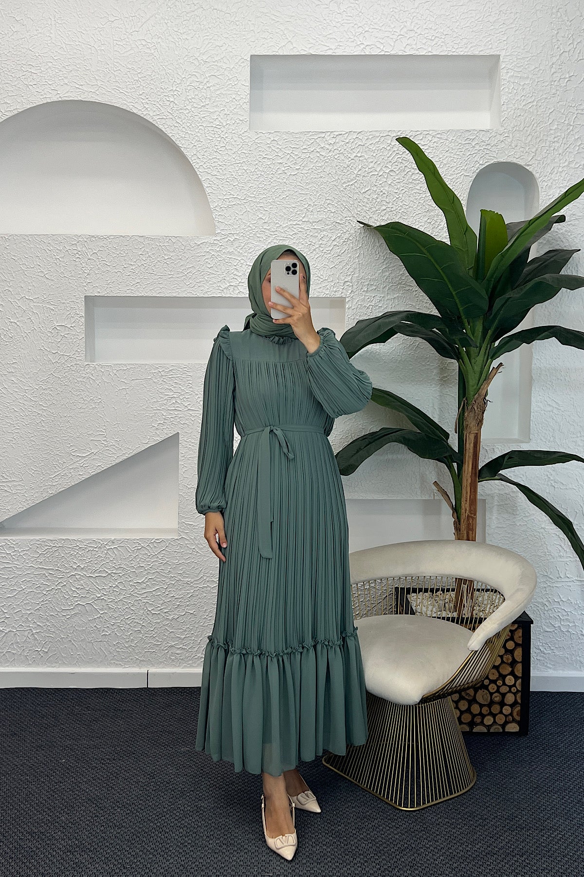 Bella Piliseli Şifon Elbise Mint 04670-MINT