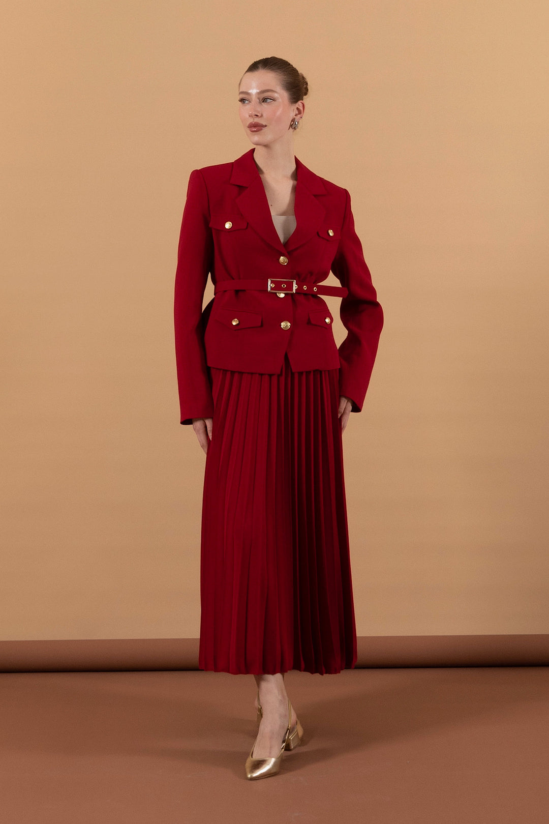 Eteği Piliseli Ceket Takım Kırmızı 2019-KIRMIZI