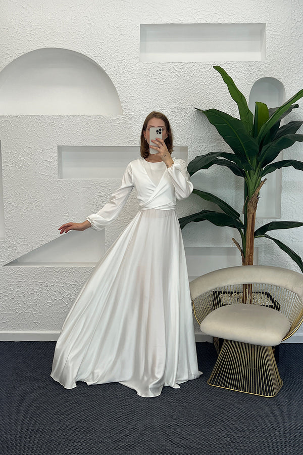 Önü Çarpraz Saten Abiye Beyaz 4529-BEYAZ