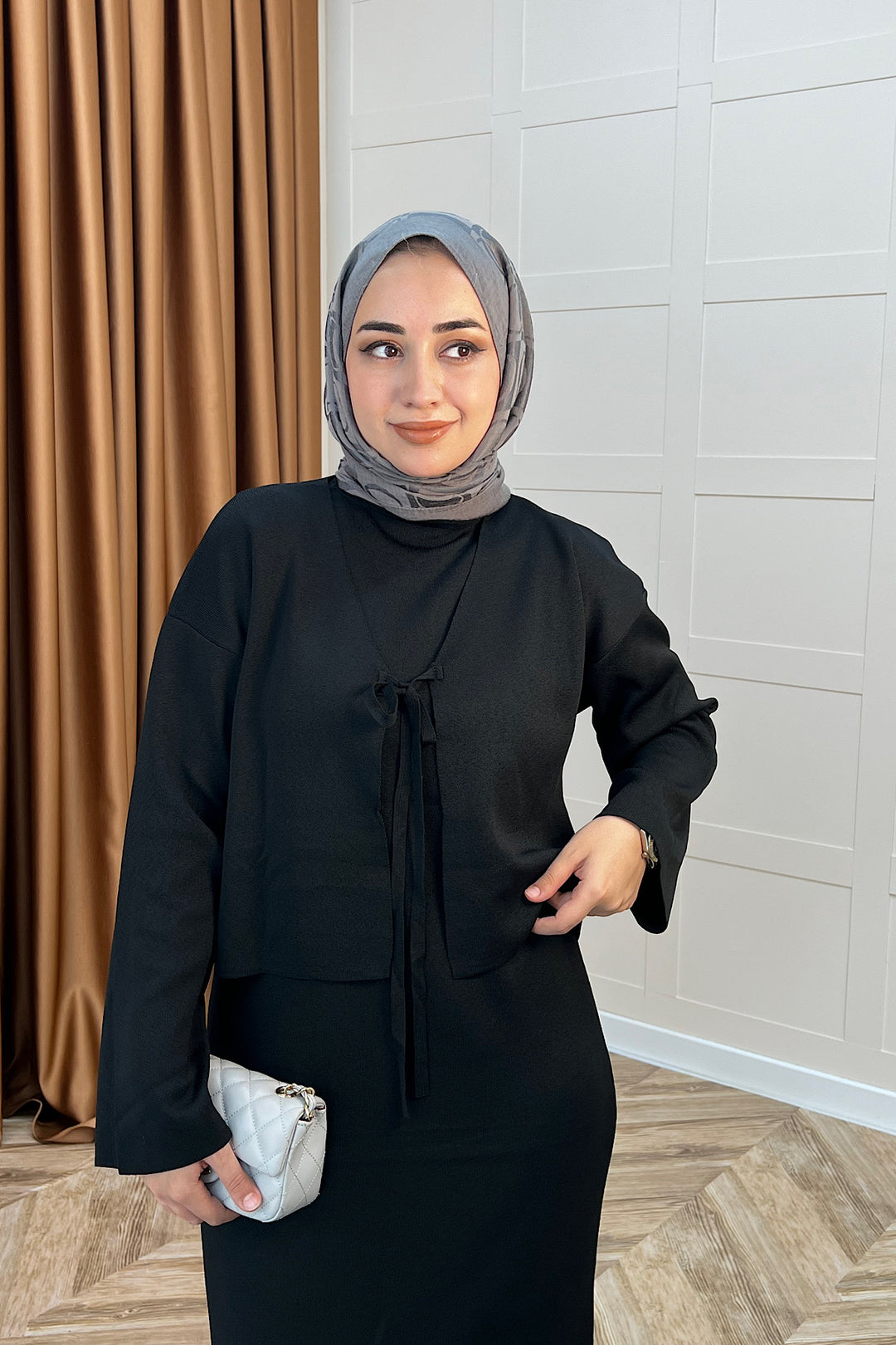 Ester Croplu İkili Triko Elbise Siyah 25160-SIYAH