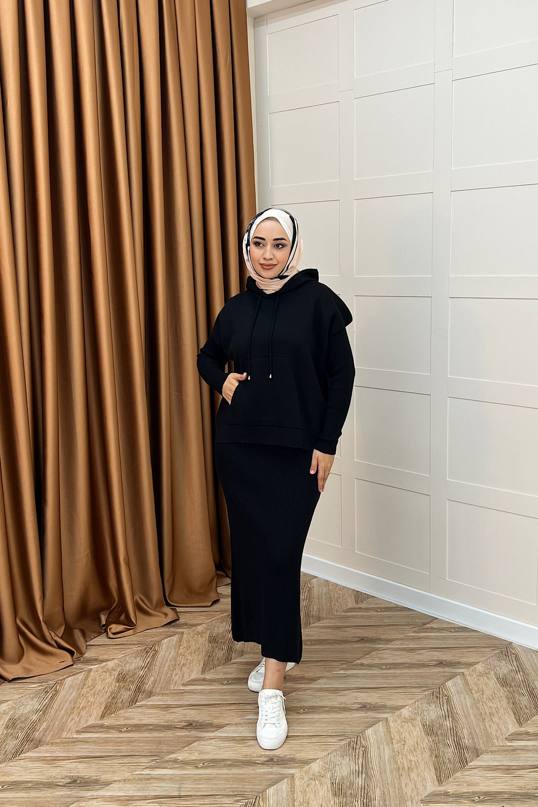 Üst Kapüşonlu İkili Triko Elbise Siyah 25290-SIYAH