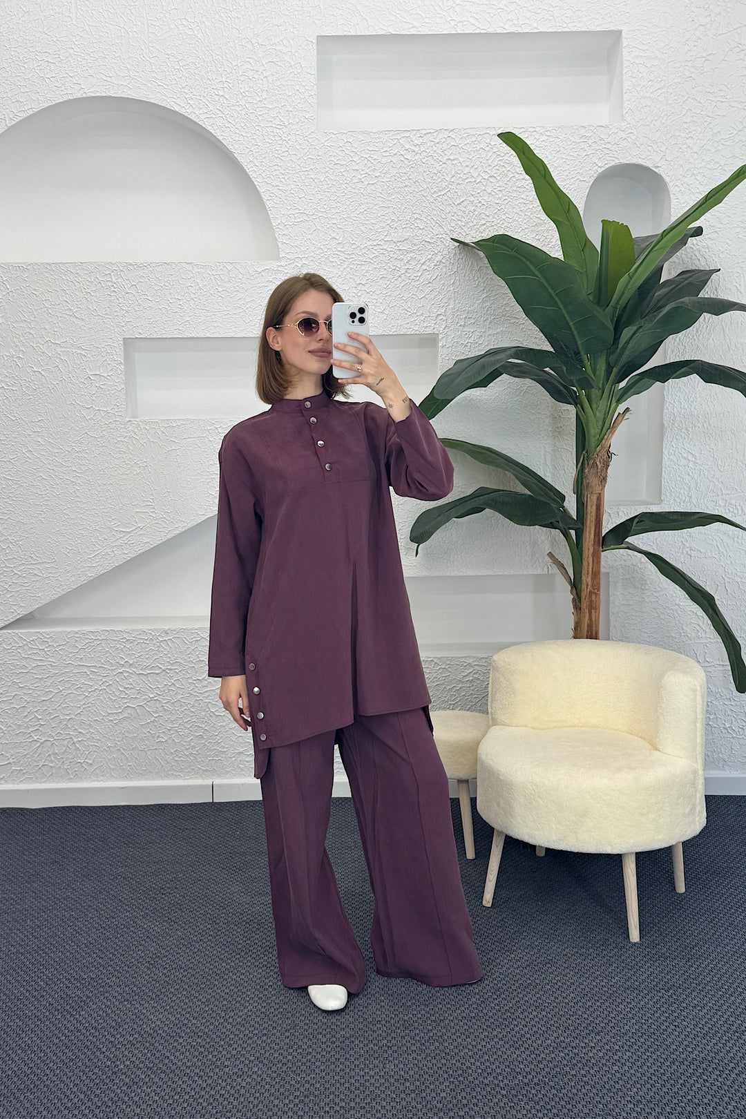 Yanları Çıtçıtlı Tesla Takım Mürdüm 1947-MURDUM