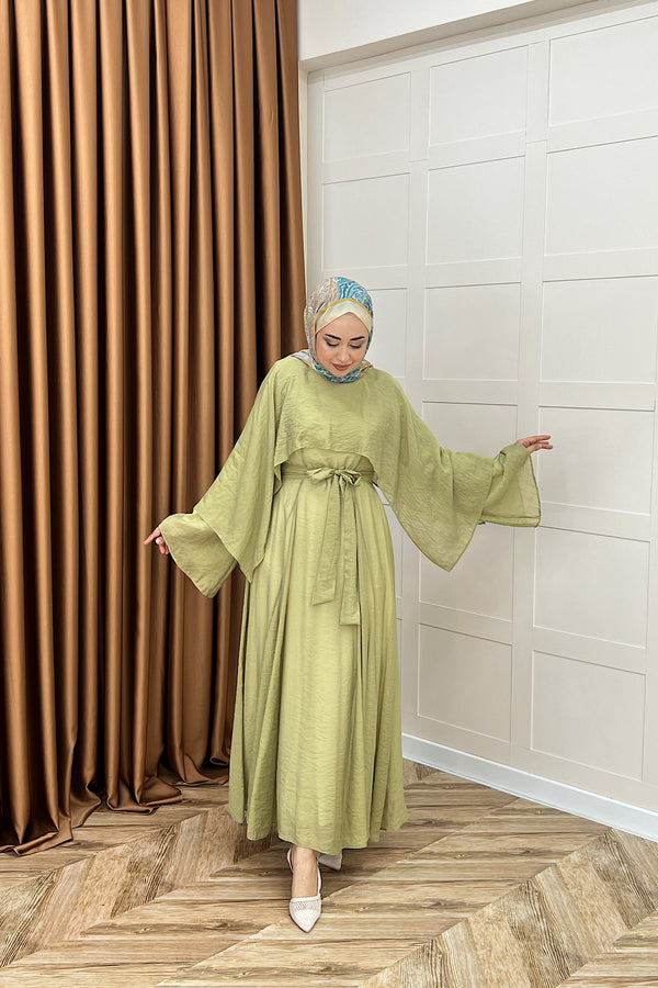 Bella Pelerin Detay Elbise Yeşil 8054-YESIL