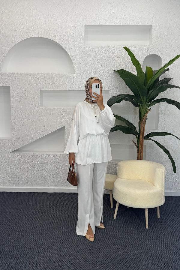 Belden Lastikli Yarasa Kol Tunik Beyaz 2505-BEYAZ