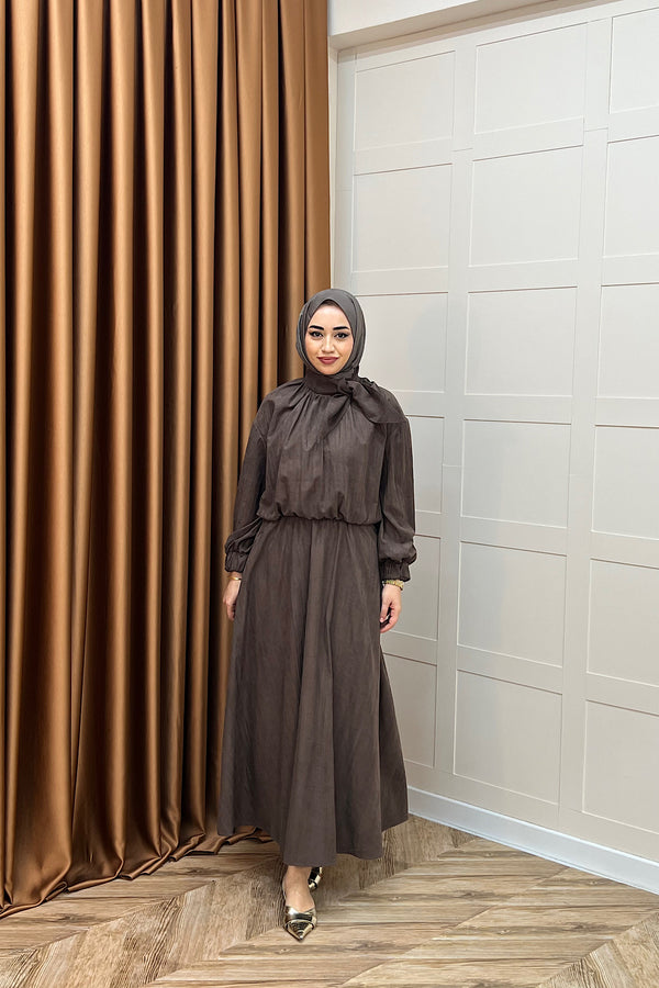 Luna Yaka Fularlı Etek Takım Kahverengi 3183-KAHVERENGI