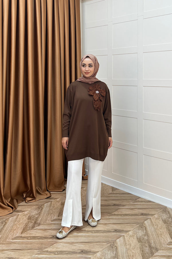 Merserize Çiçekli Triko Tunik Kahverengi 2550-KAHVERENGI
