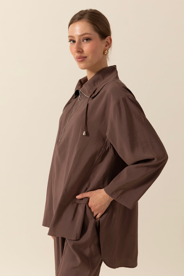 Yarım Fermuar Detay Ikılı Takım Kahverengı 8370-KAHVERENGI