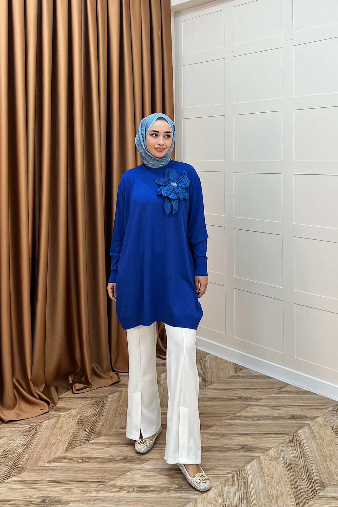 Merserize Çiçekli Triko Tunik Saks 2550-SAKS