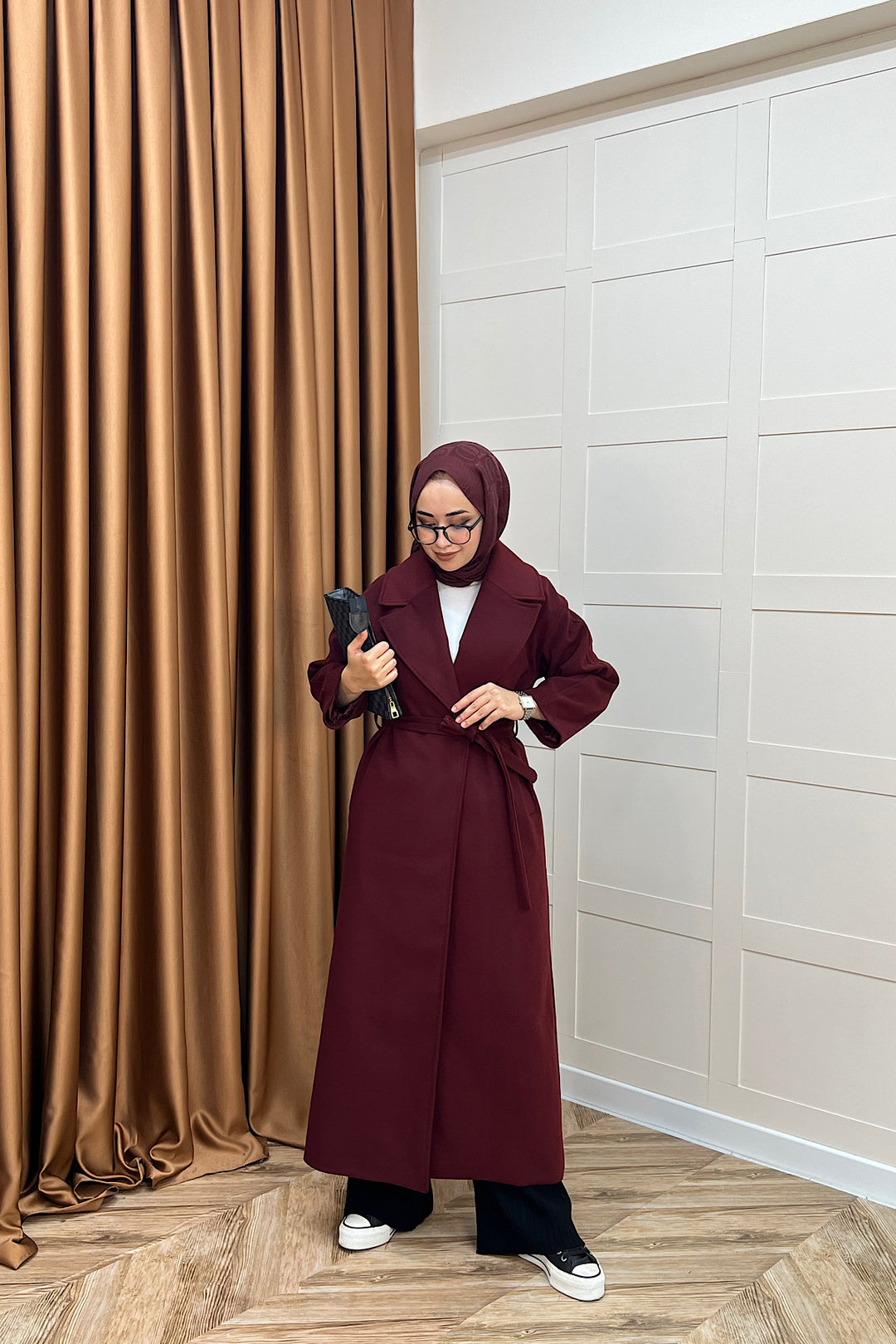 Retro Premium Kumaş Uzun Kaşe Kaban Bordo 5509-BORDO