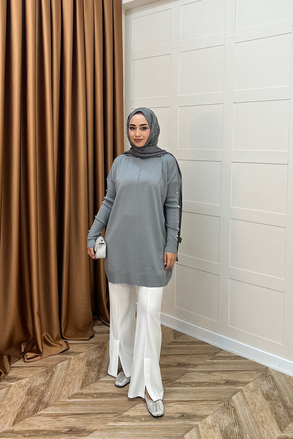 Kol Düğmeli Triko Tunik Gri 24280-GRI