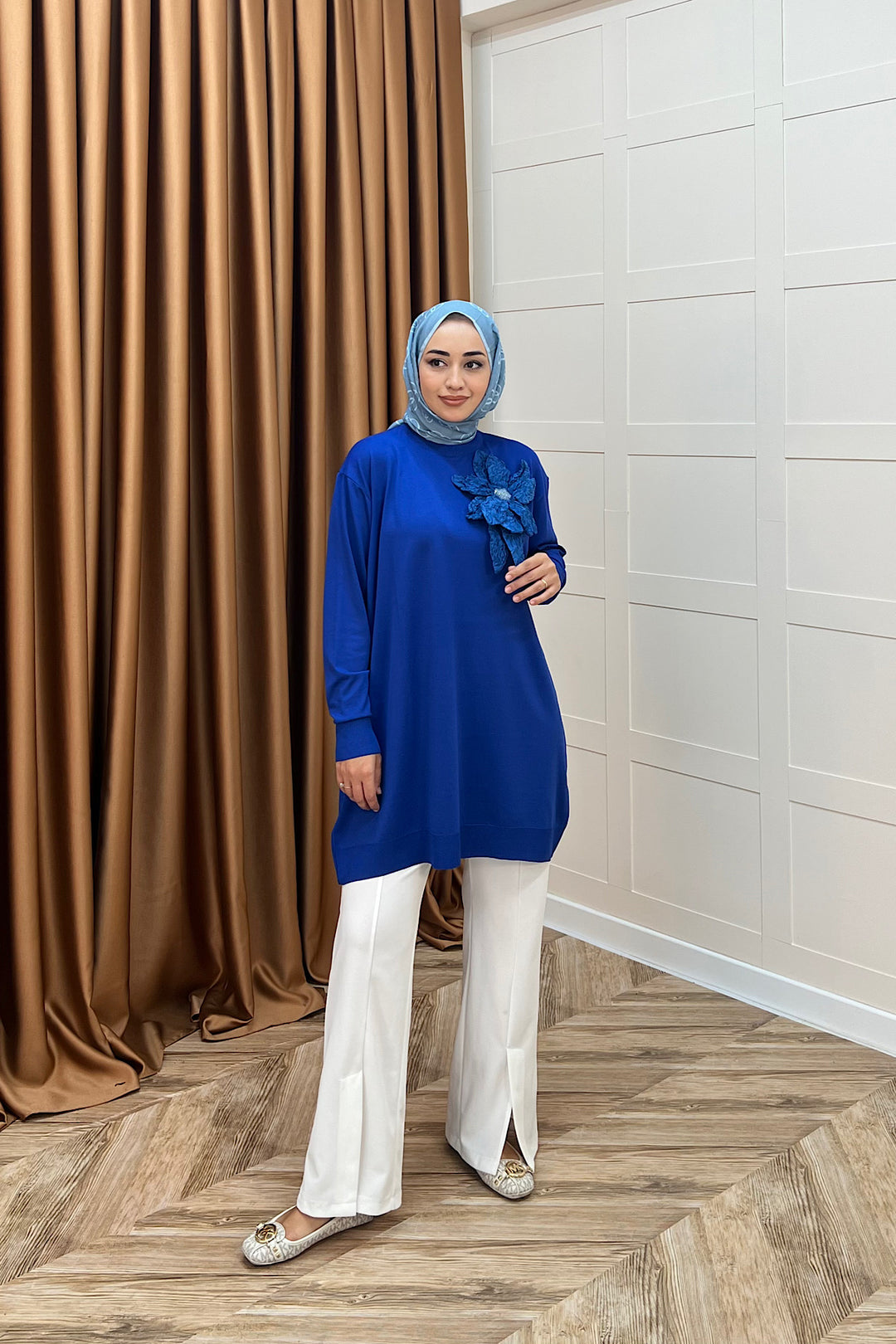 Merserize Çiçekli Triko Tunik Saks 2550-SAKS