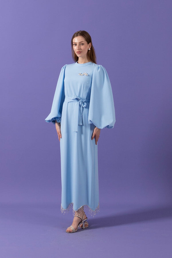 Eteği Zincir Taşlı Elbise Mavi 3012-MAVI