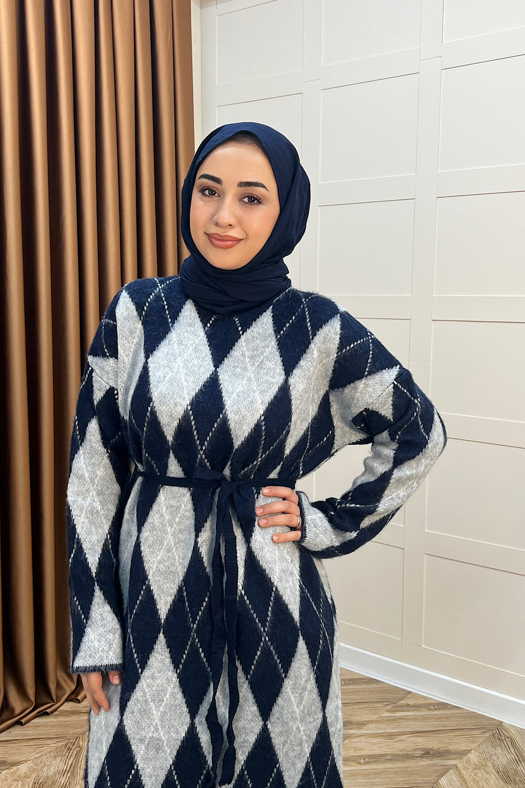 Baklava Desenli Triko Elbise Lacivert 241300-LACIVERT