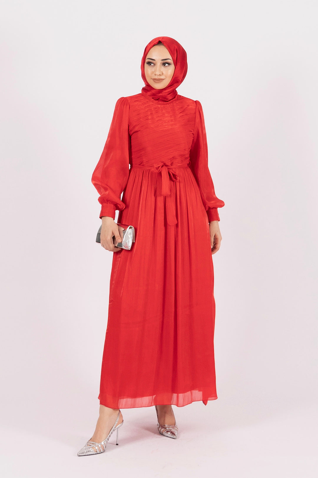 Vendi Kendinden Piliseli Elbise Kırmızı 4923-KIRMIZI