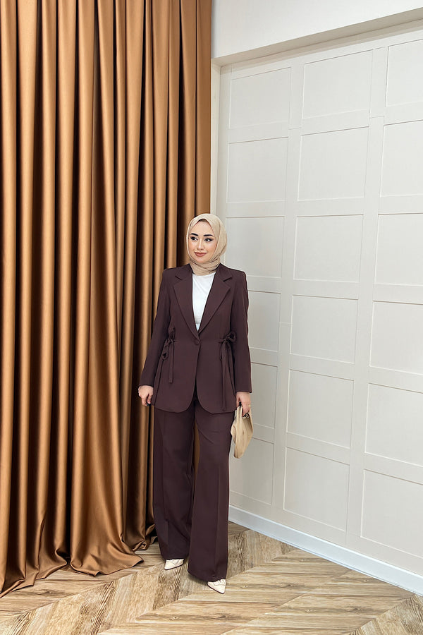 Zeina Bel Detay Ceketli Takım Kahverengi 06202-KAHVERENGI